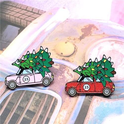 Christmas Car Carrying Tree Enamel Pin Pink Red Brooch Denim Jeans shirt bag Christmas Jewelry Gift for Friends Kids