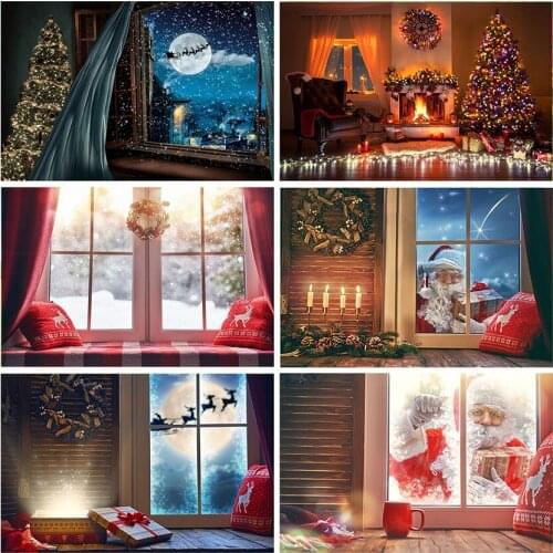 Christmas Photography Backdrop Santa Claus Fireplace Window Winter Snow Photo Background Photozone Family Party Studio Booth