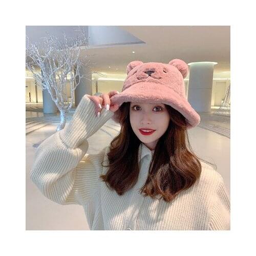 2021 NEW Fashion Autumn Winter Fur Bucket Hat Bear Ear Ball Plush Fisherman Hat Soft Warm Thick Basin Hat Protection Bucket Hats