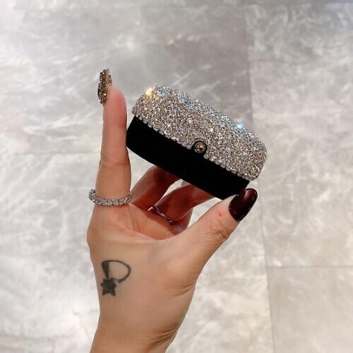 Customized High Grade Ring Box with Rhinestone Flip Jewelry Box Earring Packaging Earing Holder Black Gift Box Rings Organizer