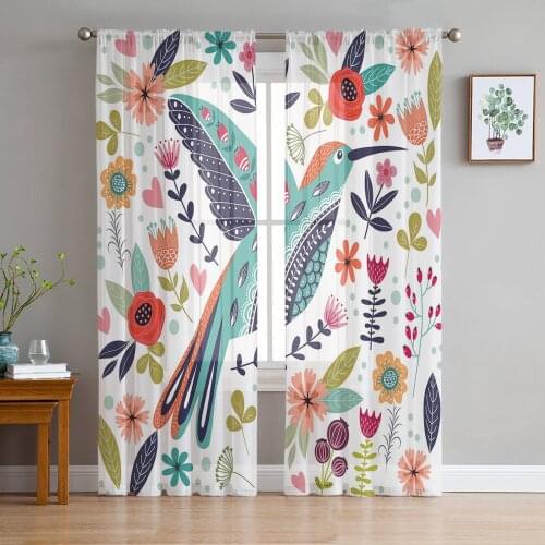 Birds Flowers Leaves Tulle Sheer Window Curtains for Living Room Kitchen Children Bedroom Voile Hanging Curtain
