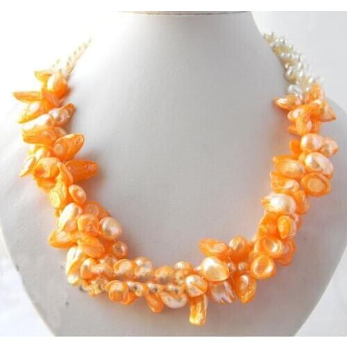 Unique Pearls jewellery Store 3 Strands 20 inches White 10mm Orange Baroque Freshwater Pearl Necklace Charming Women Gift
