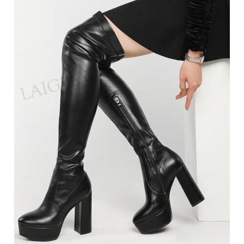 LAIGZEM Women Over Knee Boots Platform Chunky Thick High Heels Side Zip Boots 2021 Black Botas Mujer Shoes Large Size 39 41 42