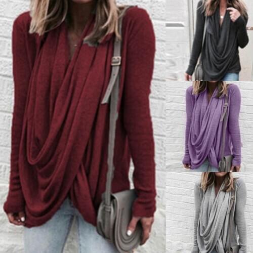 Women Sexy Casual Loose Deep V Neck Long Sleeve Pleated Wrap Top Shirt Tunic Autumn Warm Winter Blouse Female Blusas Hot
