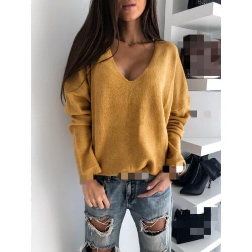 2021 Autumn Warm Loose Womens Sweater V-neck Long Sleeve Loose Solid Female Sweaters New Winter Fashion Solid Ladies Pullover