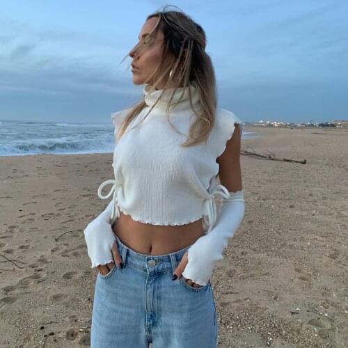 Tops women 2021 Ear edge stitching high collar T-shirt womens 2021 spring new strap hollow out solid color sleeve top y2k top