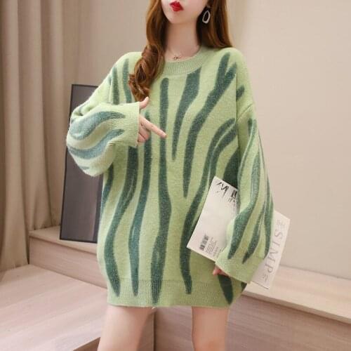Print Knitted Sweater Women Elegant Green Striped Oversized Pullovers Women Winter Loose Long Sweaters Streetwear Sueter Mujer