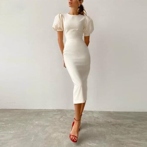 2021 White O-Neck Puff Sleeve Office Lady Dress Summer High Waist Tight Dress Simple Elegant Party Womens Dress