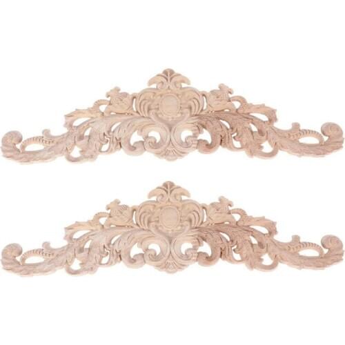 2Pcs Wood Decorative Long Carved Onlay Applique Furniture Corners Ornament Home Door Bed Decor 30 X 8 cm