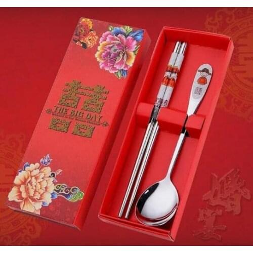 200 pcs/lot Stainless Steel Dinnerware Double Happiness Red Color Spoons Chopstick Sets Wedding Party Gifts For Guest