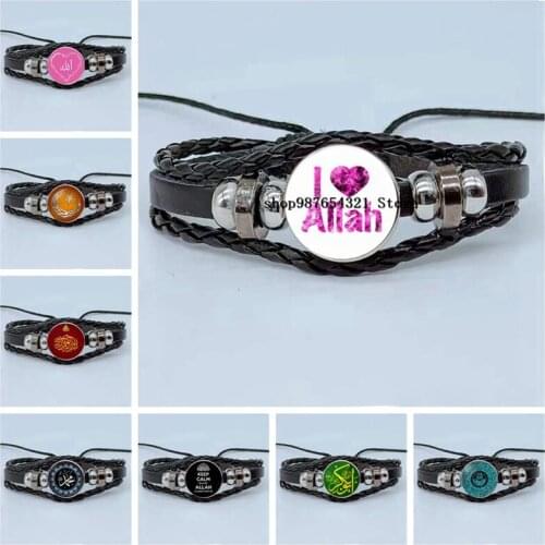 Islamic Muslim Symbol Bracelet Glass Convex Alloy Metal Arab Religious Bracelet Fashion Multilayer Braided Leather Bracelet