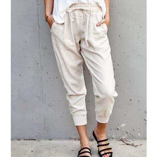 Summer Womens New Style Nine-point Beam Pants Solid Color Drawstring Elastic Waist Pockets Casual Slimming Pants For Ladies