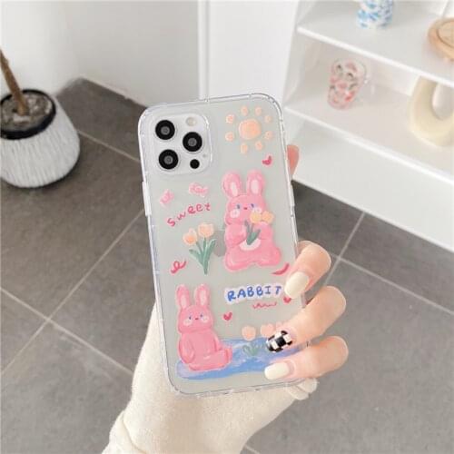 Cartoon Pink Rabbit Animal Clear Phone Case For iPhone 12 11 Pro MAX XR X XS SE20 7 8 Plus Shockproof Soft Silicone Cover Coque