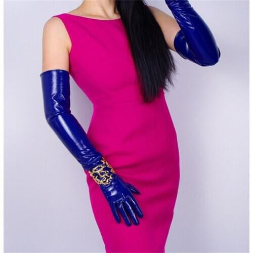 60cm Patent Leather Long Gloves PU Emulation Leather Bright Leather Sticker Mirror Sapphire Blue Dark blue Female PU02-60