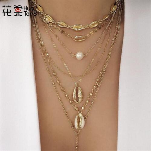 HuaTang Boho Gold Sequin Shell Pearl Pendant Necklaces for Women Geometric Multi Layer Chains Necklace Jewelry Collar C19208