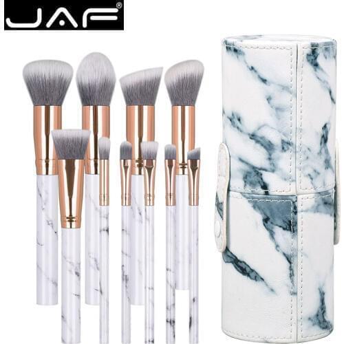 JAF 10pcs Marble makeup brush with holder, Rose Gold Make Up Brushes with Holder, Synthetic Makeup Brushes Case J1024-D