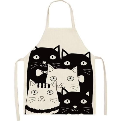 Cute Cat Pattern Kitchen Aprons Women Adult Kids Black White Cartoon Cat Cotton Linen Bibs Home Cooking BBQ Apron WQ24