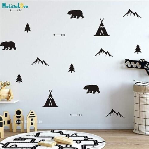 Set of Woodland Bears Arrows Teepees Trees and Mountains Wall Vinyl Stickers Kids Baby Room School Nursery DIY Decals YT4899