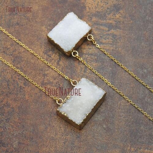 New Arrival Druzy Crystal Rectangle Shape Pendant Necklace Pure Gold Color Finish Link Copper Chains In 18 inch NM11327