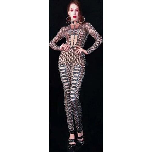 Elastic Long Sleeve Black Rhinestones Skinny Bandage Jumpsuit Lady Birthday Celebration Outfit Nightclub Singer Costume DT1736