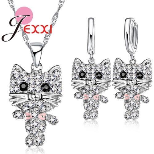 Lovely Cubic Zirconia Cute African AAA Cat Collier Necklace 925 Sterling Silver Drop Earrings Sets Party Anniversary Jewelry
