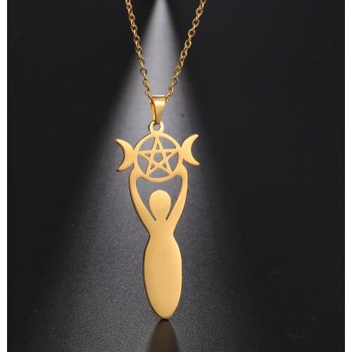 Lucktune Star Moon Wicca Necklace for Women Men Stainless Steel Goddess Pentagram Witch Necklaces Fashion Witchcraft Jewelry
