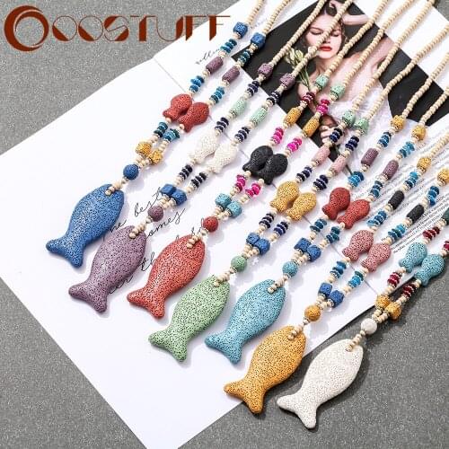 Colored Nature Lava Stone Bead Fish Necklace Jewelry For Women Long Statement Bohemian Pendant Decoration Suspension Accessories