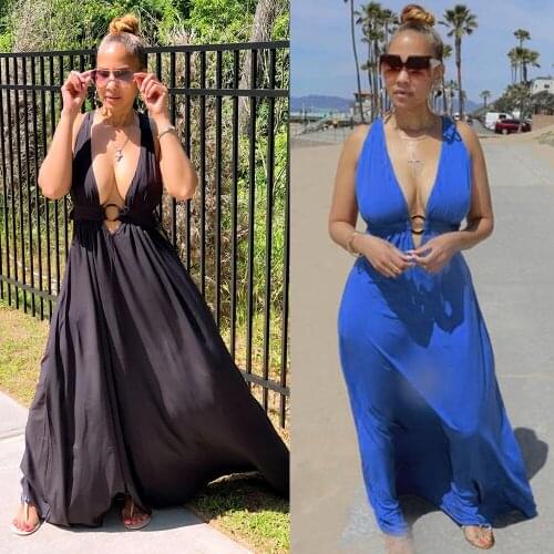 Echoine Summer V-neck Backless Maxi Long Dress Lace Up Cross Robe Elegant Vintage Beach Dress Evening Party Robe Dress