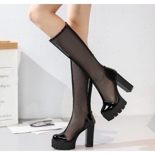 New Fashion Women Knee High Boots High Heel Zipper Sexy Lace Mesh Boots Summer Cool Boots Breathable Womens Shoes Plus Size 43