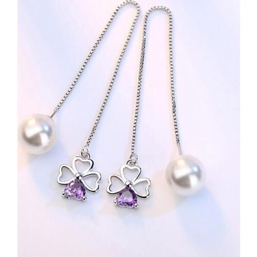 925 Sterling Silver Luck Love Heart Flower Long Tassel Earring With Purple Zircon Ear Line Pearl Pendant Jewelry S-E277