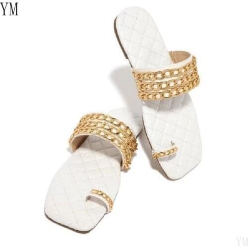 2021 Women Summer Flat Slippers Weave Soft Jelly Shoes Gold Chain Flip Flops Sandals Beach Slides Zapatillas Mujer Casa Size 43
