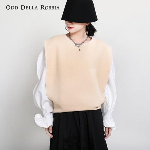 OddDellaRobbia 2021 Spring Women Topstitched Vest Contrasting Color Loose Simple Pure Color Knitted Sweater Vest Jacket 1578