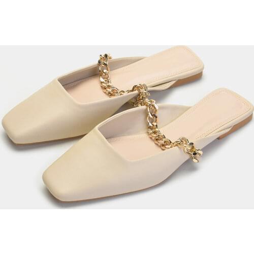 ZAR Brand Slippers Women Summer Luxury 2021 New Fashion Square Toe Chain Flat-Heeled Sandals Plus Size 40 Chaussure Femme Mujer