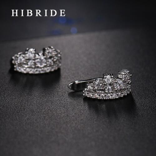 HIBRIDE Fashion Jewelry Hoop Earrings Micro Insert CZ Stone White Gold Color Party Earrings For Women E-90