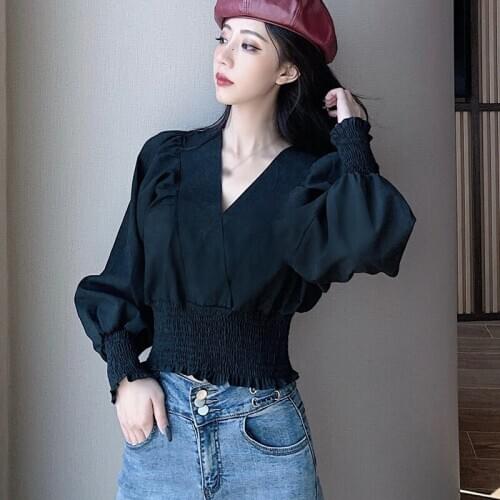 Women Tops V-neck Chiffon Shirt Puff Sleeve Women Clothes Sexy Slim Exposed Navel Shirt Blouses Tops