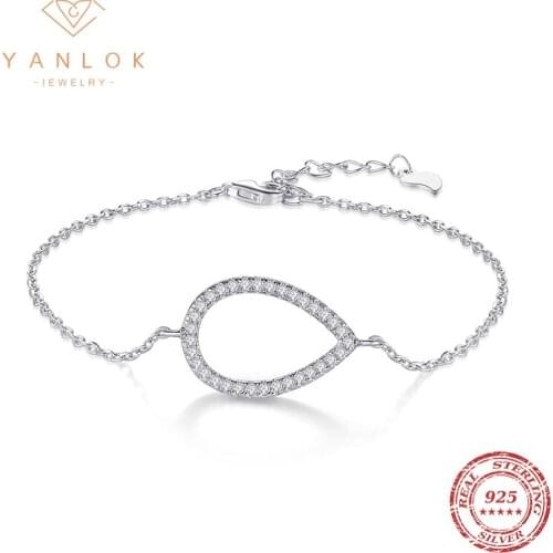 YANLOK Hot Sale Real 925 Sterling Silver Geometric Water Drop Bracelet For Women Luxury Charm Link Chain Fashion Fine Jewelry