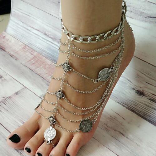 Vintage Gold Silver Color Multilayer Tassel Chain Toe Ring Anklets For Women Retro Punk Coin On Leg Foot Jewelry Ankle Anklets