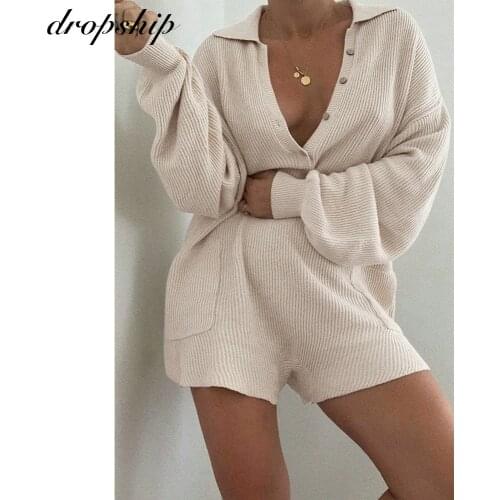 New Fall Winter Women Knit Sweaters Playsuit Casual V-Neck Long Sleeve Loose Romper Female Solid Color Playsuit Home Wear