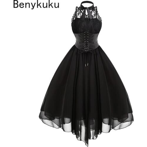 Gothic Punk Vintage Party Dresses Women Black Sleeveless Cross Back Retro Lace Panel Corset Swing Dress Robe Femme 2021 Vestidos