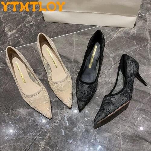2021 new style lace, elegant, gentle, fairy-like, pointed toe, thin heel, thin French single-pedal shoes