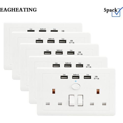 Wall Socket UK Standard Power Outlet With Three USB Smart Induction Charge Port For Mobile 5V 2.1A White Panel 146mm*86mm 5PACK