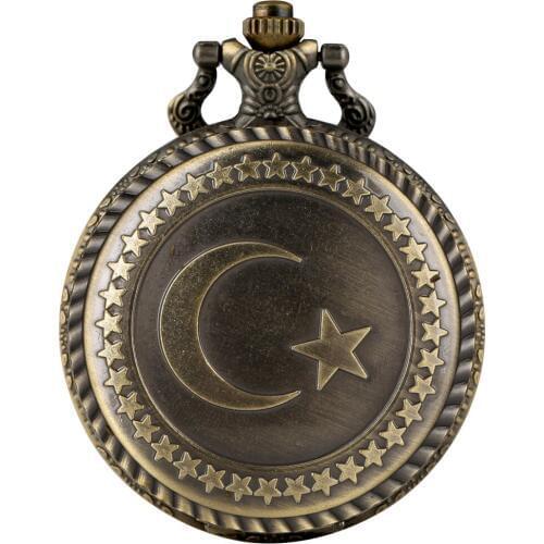 Antique Bronze Turkey Flag Design Quartz Pocket Watch Moon Star Circle Carving Craft Pendant Necklace Accessories Clock Gifts