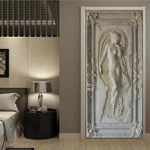 Door Sticker European Style Retro 3D Relief Portrait Photo Wallpaper Living Room Bedroom 2 Pieces PVC Waterproof Door Decoration