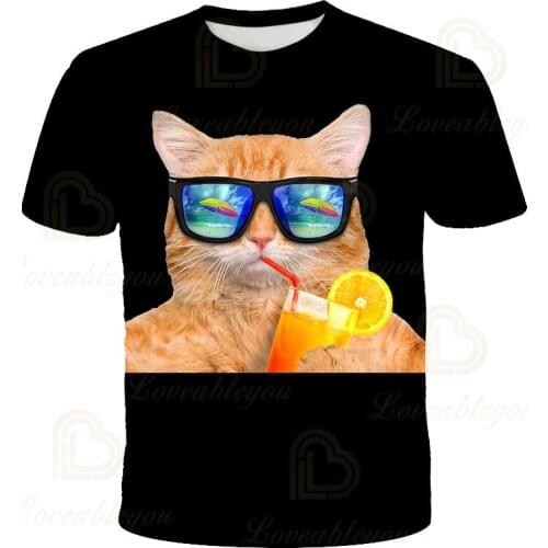 Men T-Shirt Fashion 3D Cat Print Casual T-Shirt Summer Short Sleeve O-neck Boys Tops Loose Large Size Cute Tops