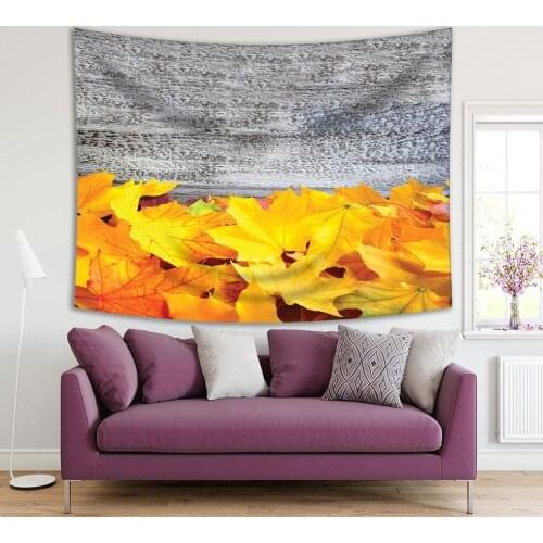 Tapestry Autumn Leaves over Old Wooden Table Rural Nature Country Style Rustic Decorating Art Yellow Gray