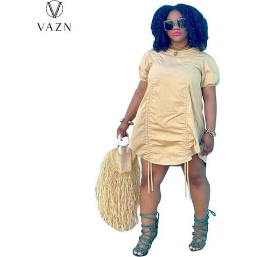 VAZN 2021 Hot Sales Straight Dress Drawstring Style Daily Casual Nature Short Sleeve Thin Mini Dress Women For Evening Robe