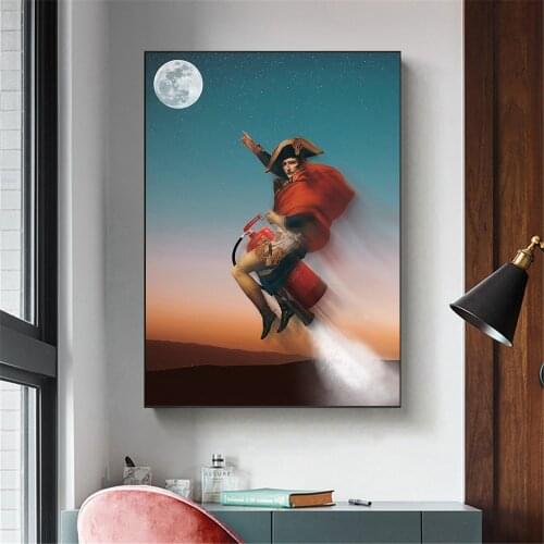 Spoof Napoleon Fly to Moon with Fire Extinguisher Poster Prints Canvas Painting Wall Art Picture For Home Goods Room Decoration