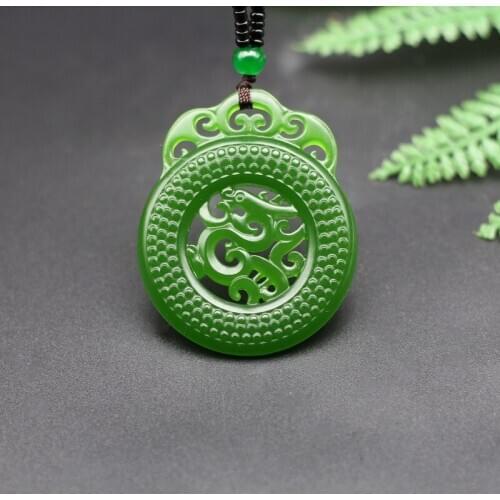 Chinese Natural Green Jade Dragon Pendant Necklace Double-sided Hollow Carved Charm Jewelry Fashion Amulet for Men Women Gifts