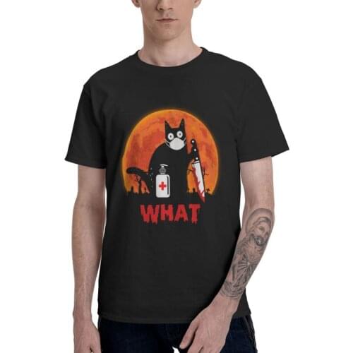 Cat What Tshirts Men Casual Tee Tops Cotton T Shirt Short Sleeve Funny Murderous Black Cat With Knife Halloween T-shirt Gift