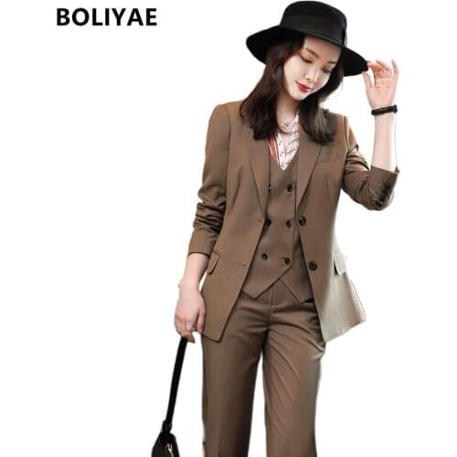 Boliyae Fashion Business Trouser Suits Womens Brown Uniform Formal Blazers and Pants Office Jacket Work Clothes 3 Pieces Sets